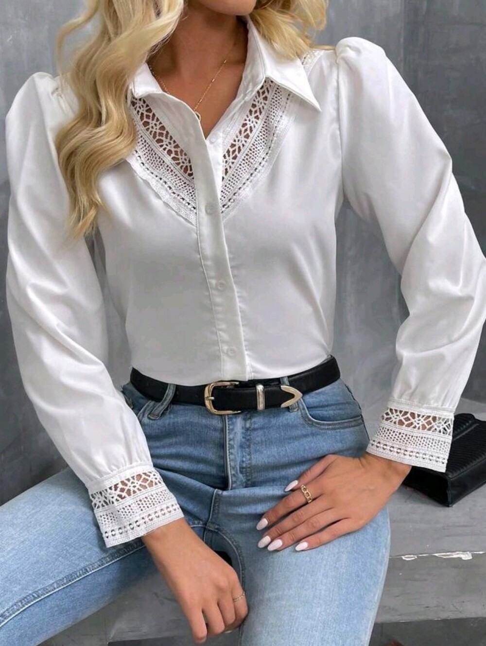 Elegant White Women Fall Winter Office Blouse,Shirt-Collar Lace Trim
